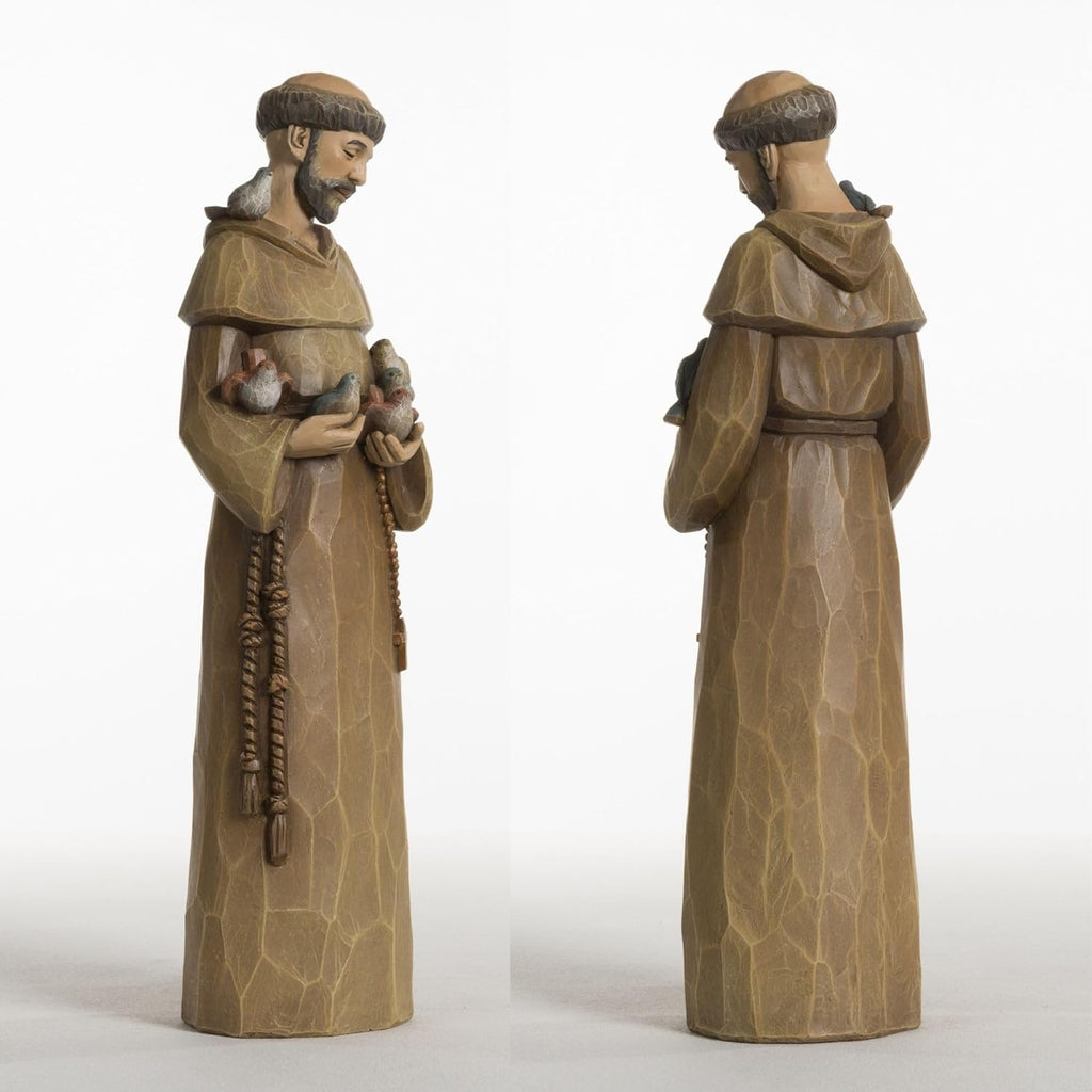St. Francis Statue - 12-Inch Premium Resin Sculpture with Wood Carving Texture | Patron Saint of Animals & Nature