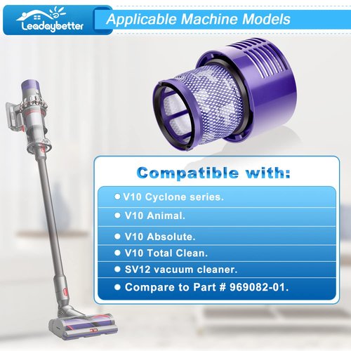 Leadaybetter Vacuum Filter Replacements for Dyson V10 Cyclone Series, V10 Animal, V10 Absolute, V10 Total Clean, SV12, Part No. 969082-01 (2 Pack Filters and 1 Clean Brush)