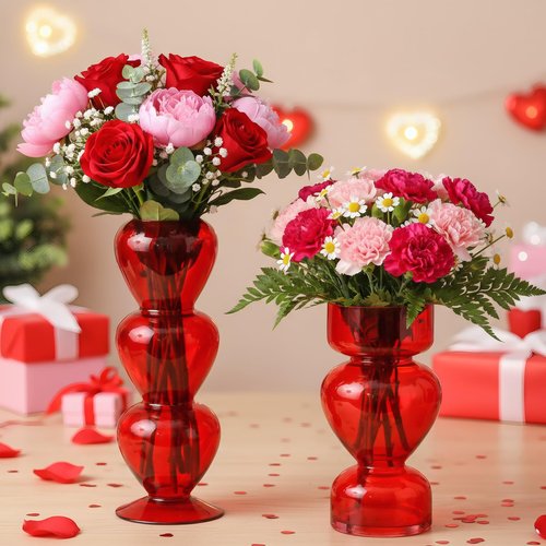 Acellegic 2 Pcs Valentine's Day Red Glass Bud Vase Table Centerpiece Red Heart Transparent Glass Vase Valentines Home Indoor Decor Table Decor for Proposal Valentine Gifts Mothers Day Bridal Shower