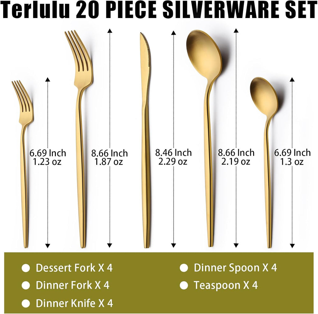 Terlulu Stainless Steel Flatware Set - 20 Piece Gold & Silver Cutlery Set for 4 | Elegant Utensils for Home & Weddings