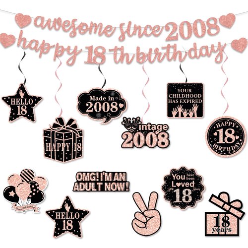 Pre-Strung 18th Birthday Banner Decorations for Girls, Glitter Happy 18th Birthday Decor, Rose Gold Eighteen Years Bday Hanging Swirls Party Supplies