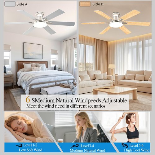 iacaf Ceiling Fans with Lights,54 Inch Low Profile Ceiling Fan with Light and Remote Control,6 Speeds/6 Blade,Flush Mount,LED Dimmable DC Reversible Modern, Nickel Ceiling Fan for Bedroom/Living Room