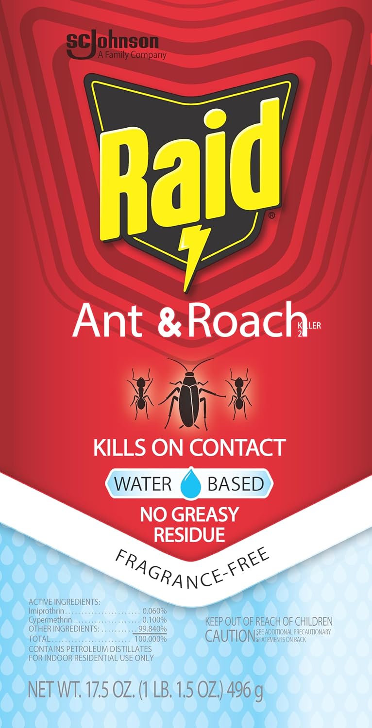 Raid Ant & Roach Bug Spray - Water-Based Insecticide Kills On Contact | 17.5 oz, No Greasy Residue