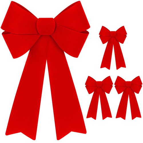 Heartome 4 PCS Christmas Tree Decorations, 12 ×18 Inches Large Red Velvet Bows for Christmas Tree, Plastic Christmas Bows, Outdoor Xmas Bows for Xmas Home Wreath Fence Railing Stairs Fireplace Decor