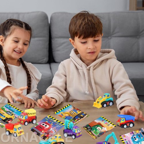 ORNACELE Valentines Day Gifts for Kids, 32 Pack Trucks Cards with Construction Vehicles, Pull Back Cars Sets Exchange Cards for Classroom School Party Favors