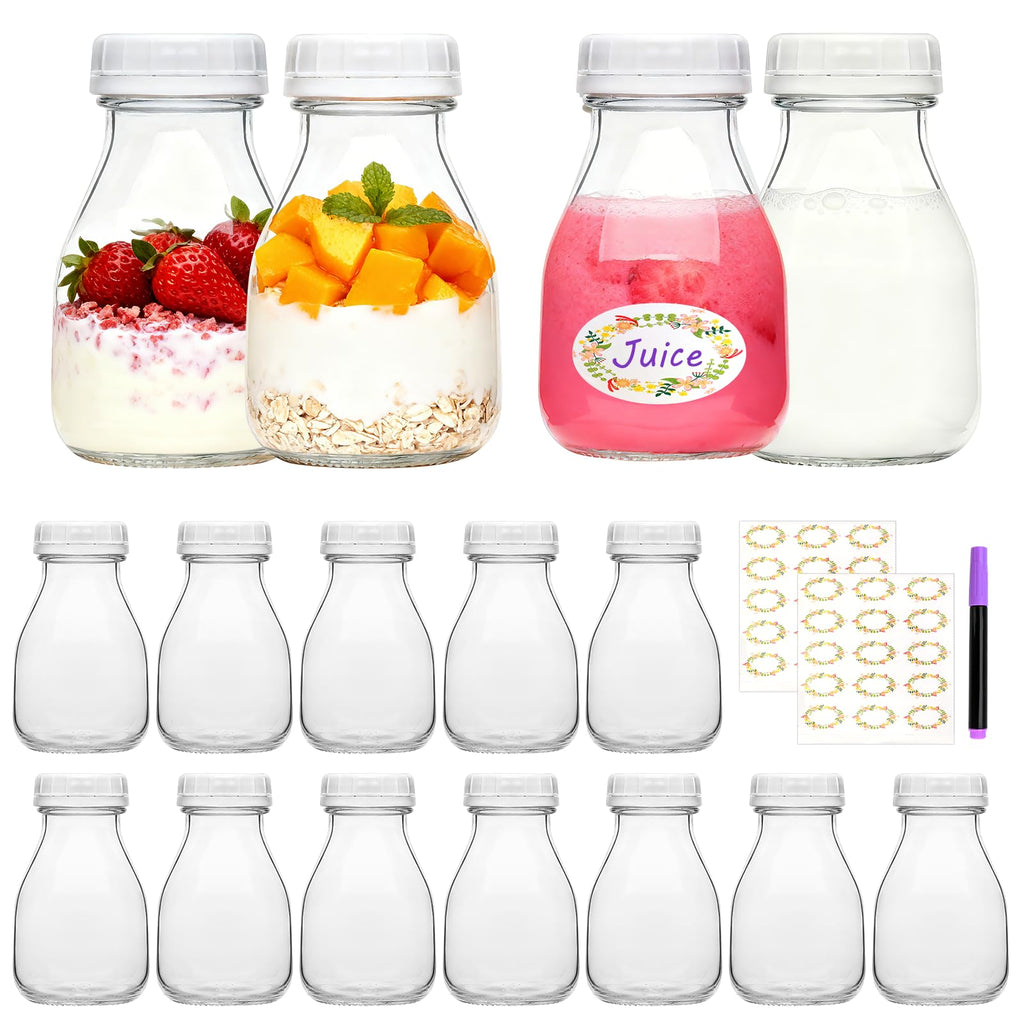 Woaiwo-q 11oz Glass Milk Bottles, 16 Pack Clear Bottles with Lids, Reusable Small Glass Jars for Milk, Juice, Smoothie, Overnight Oats, Cold Brew, Iced Coffee, Picnic, DIY Storage, Gift, Party