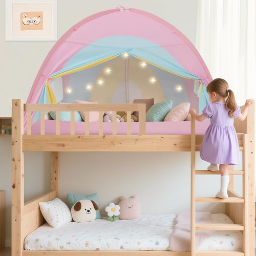 PIIKAGO Twin Bed Tent for Kids, Twin Size Bed Canopy with Star Lights, Privacy Space Blackout Sleeping Tents, Indoor Breathable Portable Bunk Bed Tent for Girls, Rainbow