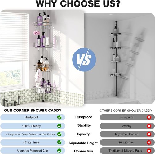 Corner Shower Caddy Tension Pole - Stainless Steel 4-Tier Rustproof Organizer | 47-121 Inch Adjustable Bathroom Shelves for Shampoo Storage - Silver
