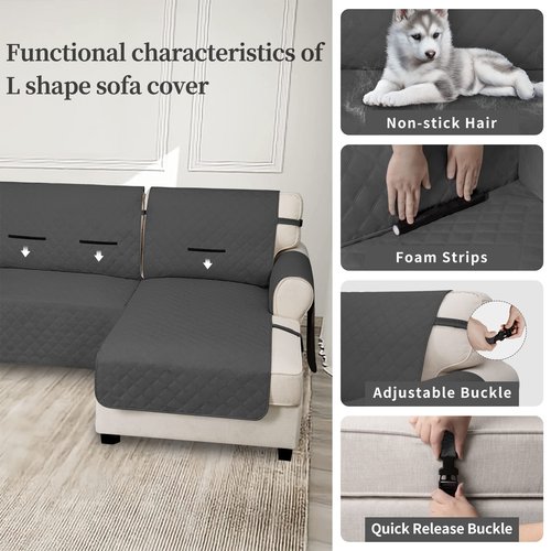 Easy-Going Waterproof Sectional Couch Covers with Chaise 2-Piece Non Slip L Shape Sofa Cover for Dogs Leakproof Furniture Protector Cover with Adjustable Strap for Pets (Large, Dark Gray)