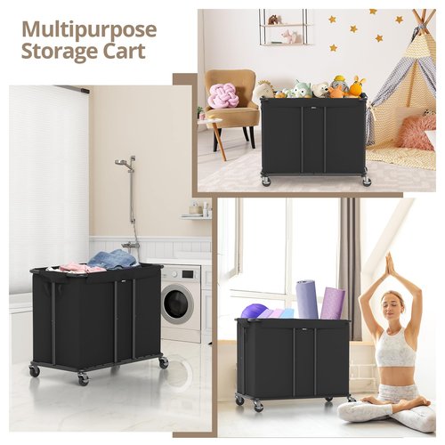 Hodonas Laundry Hamper with Wheels, 2-Section 230L (61Gal) Large Capacity, Heavy-Duty Rolling Clothes Basket with Silent Rubber Casters & Detachable Oxford Bags for Home, Black, 31.5"Lx15.75W"x30.7"H