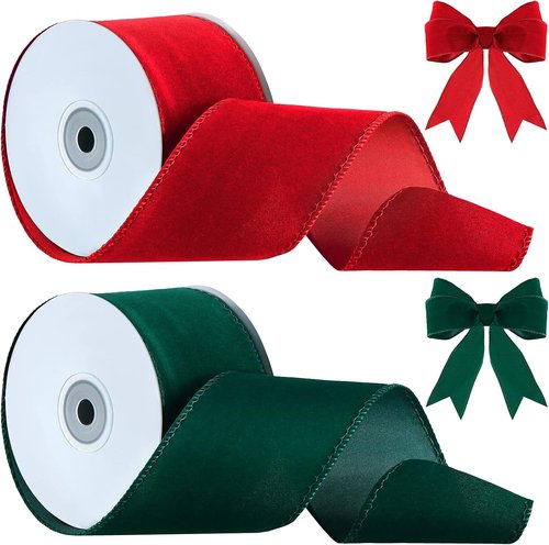 Lyrow Velvet Ribbon - 2.5 Inches Wide Wired Edge for Wedding & Gift Wrapping | 20 Yards, Green & Red