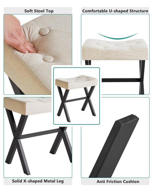 IBUYKE U-Shaped Linen Vanity Stool, Square Makeup Chair with X-Leg, Ottoman Seat Footrest Stool, Multi-Use as Small Side Table, for Bedroom, Living Room, Linen WBD018Y