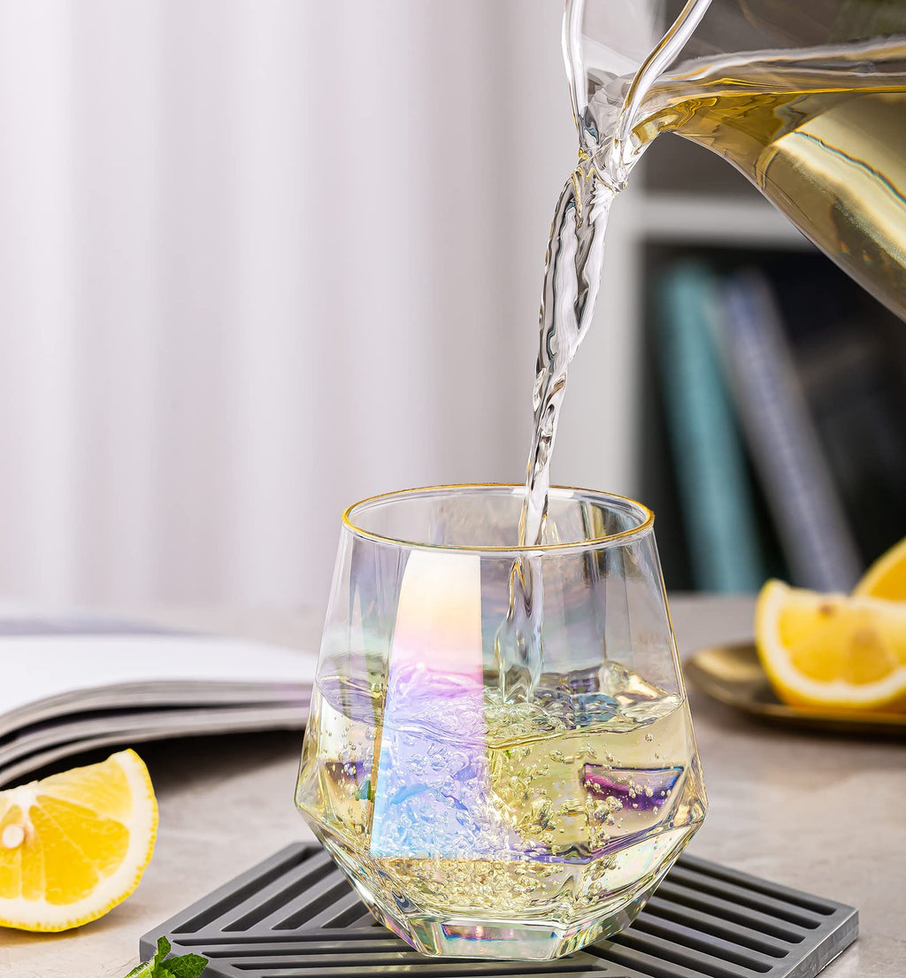 XKXKKE Diamond Wine Glasses Set of 2, 10 OZ Modern Stemless Gold Rim Glass Cups Iridescent Drinking Glassware for Serving Party, Home, Bar, Restaurants, Gift, Rainbow Tumbler, Colorful 2 Pack