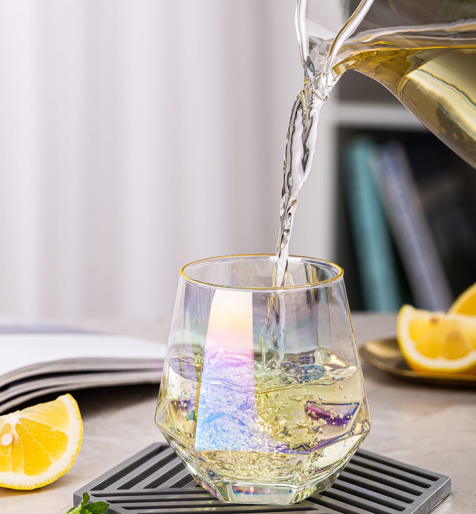 XKXKKE Diamond Wine Glasses Set of 2, 10 OZ Modern Stemless Gold Rim Glass Cups Iridescent Drinking Glassware for Serving Party, Home, Bar, Restaurants, Gift, Rainbow Tumbler, Colorful 2 Pack