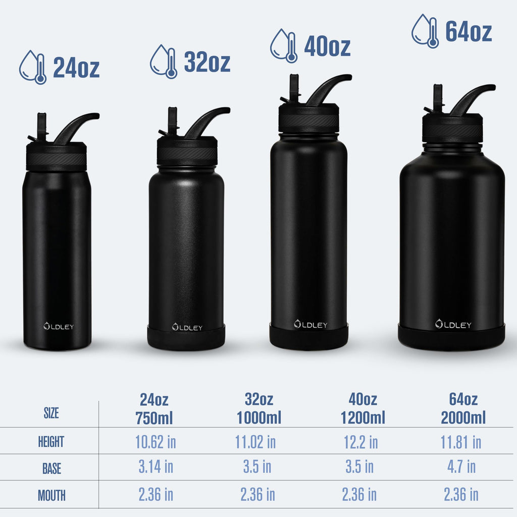 OLDLEY 32 oz Insulated Water Bottle With Straw, Stainless Steel Sports Water Cup Flask with 3 Lids(Straw, Spout and Handle Lid) Double Walled Travel Thermal Canteen Mug,Black