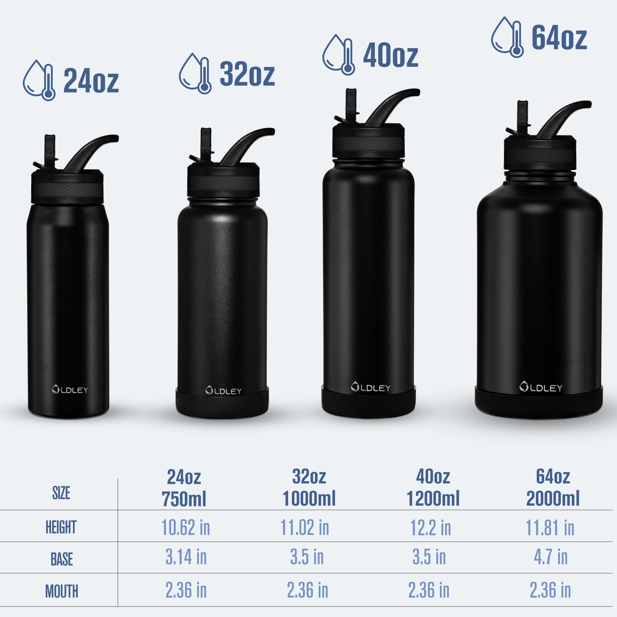 OLDLEY 32 oz Insulated Water Bottle With Straw, Stainless Steel Sports Water Cup Flask with 3 Lids(Straw, Spout and Handle Lid) Double Walled Travel Thermal Canteen Mug,Black