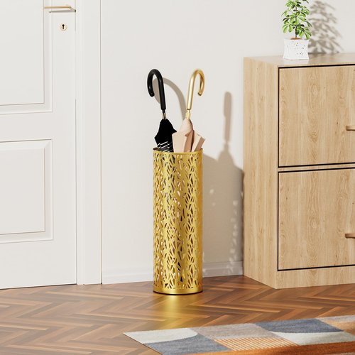 Gloserin Metal Round Umbrella Stand Rack,Free Standing Umbrella Holder Bin, Canes Walking Sticks Holder for Entryway, Home, Office,Gold
