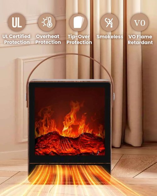 Electric Fireplace Heater with 3D Realistic Flame, 1500W/750W Adjustable Space Heater, Double Safety Protection, Walnut Wood Finish Portable Indoor Fireplace for Home & Office Christmas Decoration