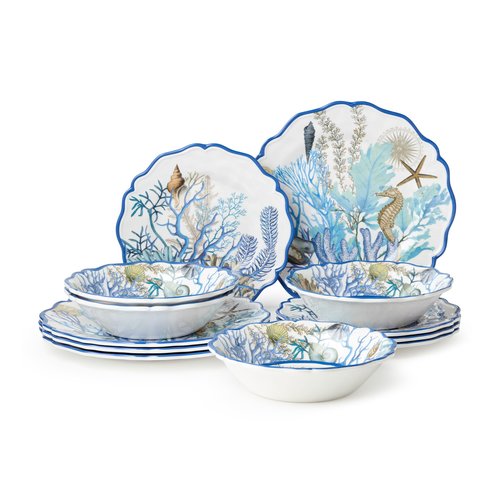 Blue Lagoon Melamine 12-Piece Dinnerware Set – Coastal Coral and Shell Design, Service for 4 – 11" Dinner Plates, 9" Salad Plates, and 28oz Bowls – Durable, Lightweight, BPA-Free, Dishwasher SafE