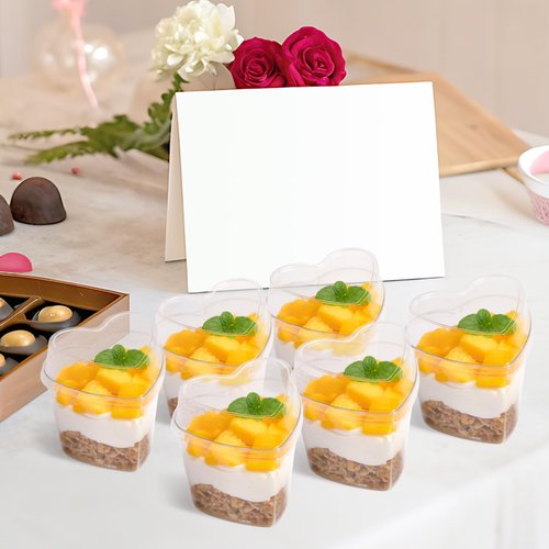 TOFLEN 100 Pack Heart Shaped Dessert Cups with Lids and Spoons, 5 oz Mini Plastic Shooter Cups for Parfait, Pudding, Fruit, Cheesecake, Mousse, Jello, Yogurt, Appetizer