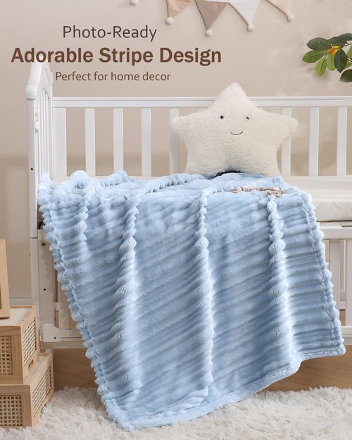 HOMRITAR Baby Blanket for Boys Girls Ultra Soft Warm Fleece Fluffy Blue Blanket for Toddler, Decorative and Giftable Striped Receiving Blankets 30 x 40 Inches 320GSM