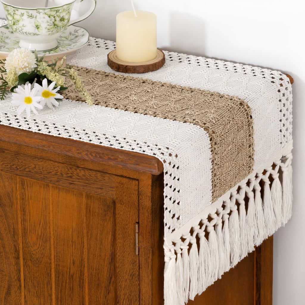 Socomi Boho Table Runner Summer Farmhouse Rustic Dining Kitchen Centerpiece Decor Small Macrame Woven Cotton Linen Coffee Table Runner for Dresser Scarf Home Decor 12x72 inch