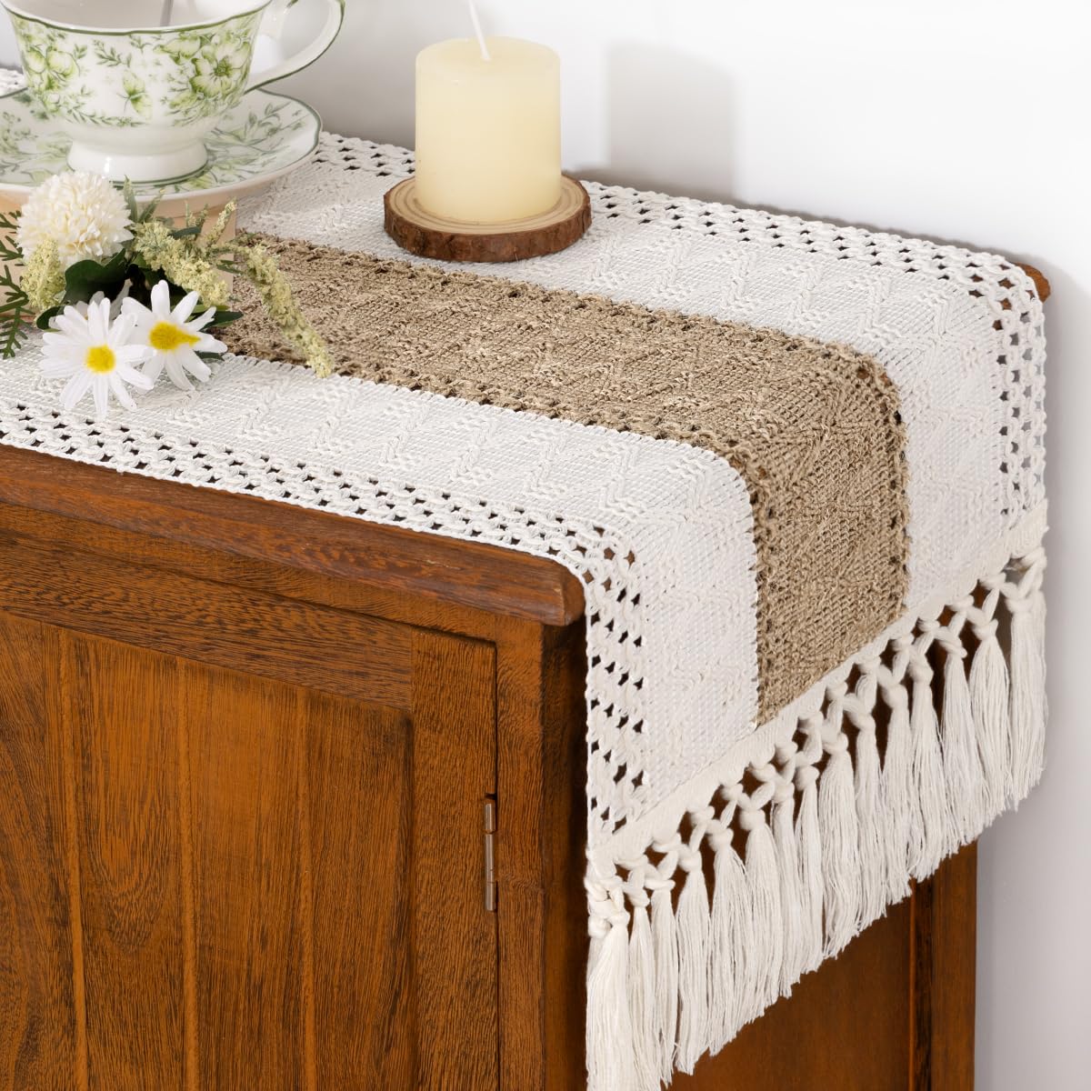 Socomi Boho Table Runner Summer Farmhouse Rustic Dining Kitchen Centerpiece Decor Small Macrame Woven Cotton Linen Coffee Table Runner for Dresser Scarf Home Decor 12x72 inch