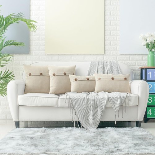 HWY 50 Cream White Chenille Throw Pillow Covers 12x20 Inch with Triple Buttons, Soft Farmhouse Accent Decorative Cushion Cases for Couch Sofa Bed Living Room Pack of 2 Rectangle