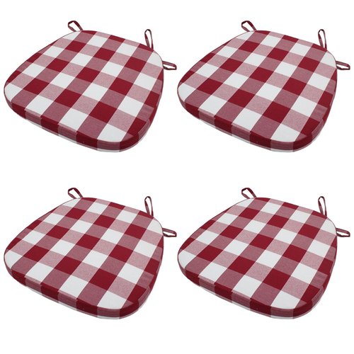 KGPLOME Plaid Chair Cushions with Ties for Dining Chairs - Memory Foam Non Slip Kitchen Chair Pad and Seat Cushion with Machine Washable Cover [16.5 x 16.2 Inches] - (Red White,4)