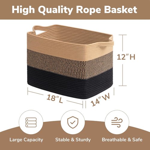 Goodpick Large Woven Basket - 18" x 14" x 12" Cotton Rope Storage for Organizing | Black & Jute Design