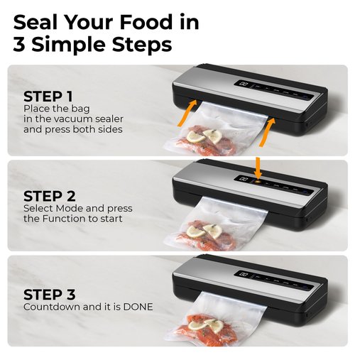 Vacuum Sealer for Food Saver & Preservation 80kPa - Powerful Suction Bag Sealer Dry/Moist/Liquid Modes - Vacuum Sealing Machine with Built-In Cutter, Bag Roll & 10 Bags Kit (Silver)