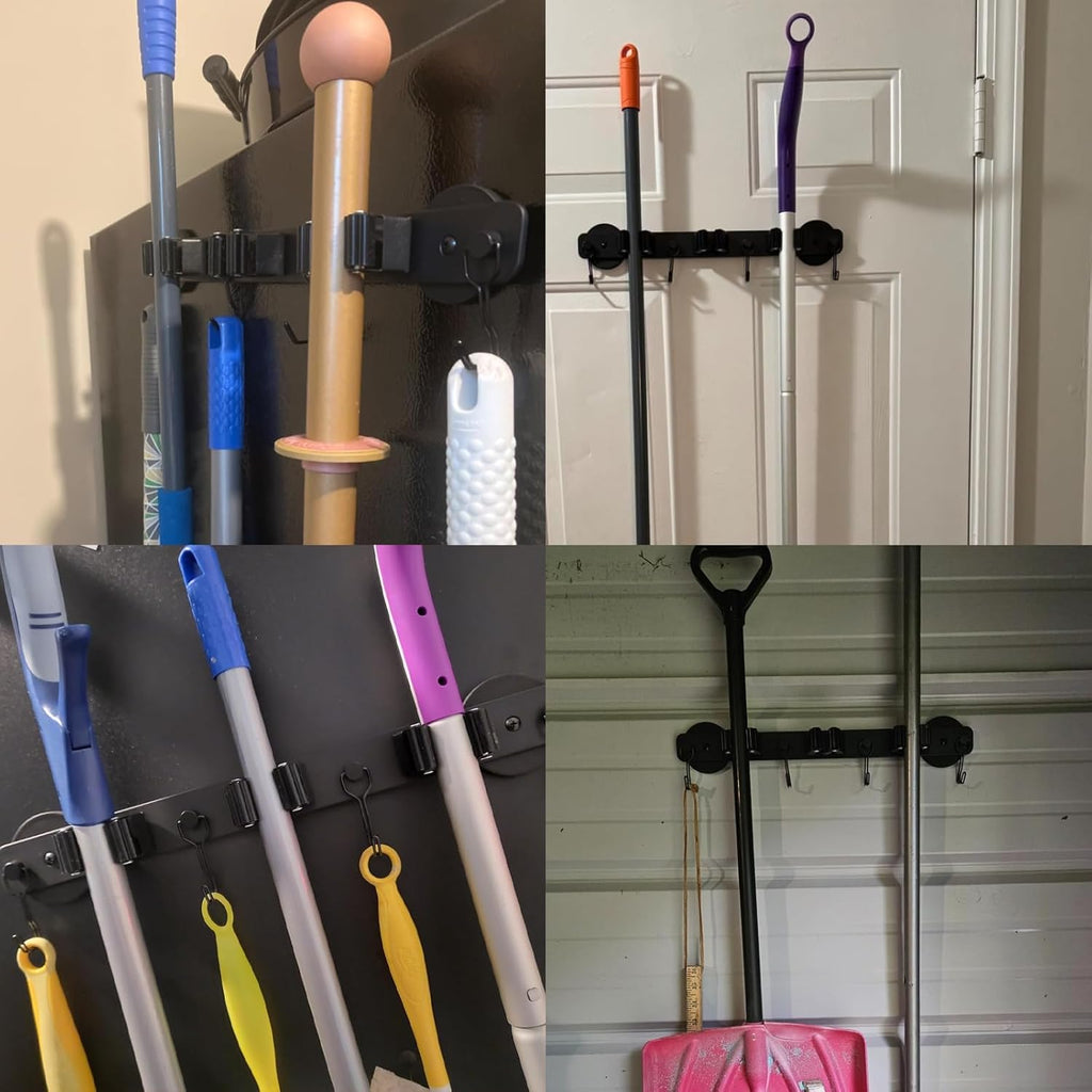 Skiennix Magnetic Mop Holder - Heavy Duty Tool Organizer with Swivel Hooks | Ideal for Kitchen, Garage, Laundry