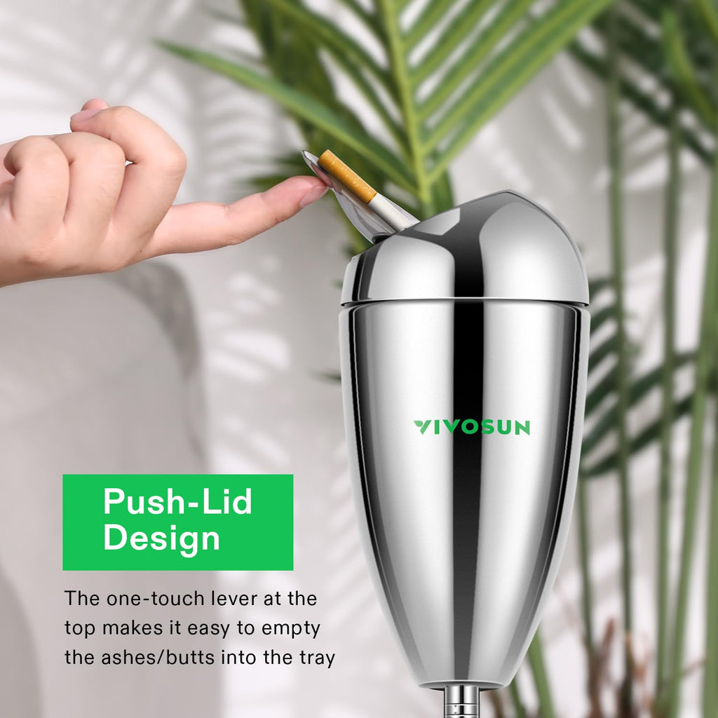 VIVOSUN Adjustable Outdoor Ashtray, Covered Ashtray for Outside Patio, Smokeless Windproof Standing Ash tray with Lid for Home, Adjustable Height from 21.5" to 35" for Indoor (Chrome)