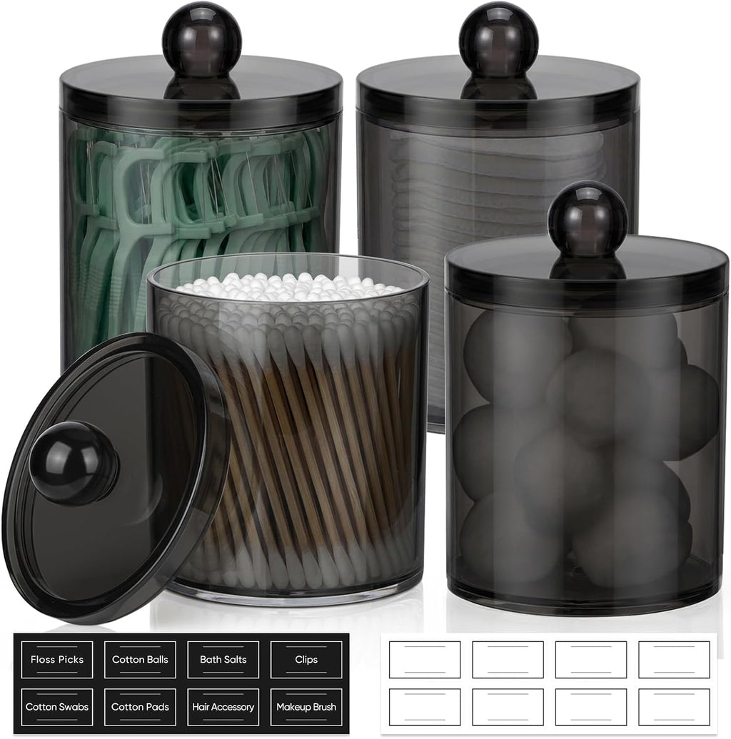 Skiennix Acrylic Qtip Holder Dispenser - 4 Pack Clear Canister Set for Cotton Swabs & Makeup Storage | Bathroom Essentials