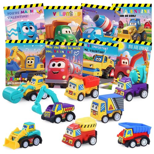 ORNACELE Valentines Day Gifts for Kids, 32 Pack Trucks Cards with Construction Vehicles, Pull Back Cars Sets Exchange Cards for Classroom School Party Favors