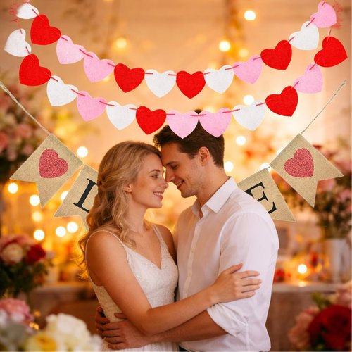 jijAcraft Valentines Burlap Banner with Felt Heart Banner for Valentines Day Décor, Pre-Assembled Rustic Love Hanging Banner & 24pcs Felt Heart Garland Banner Decor for Mantle Fireplace Wall