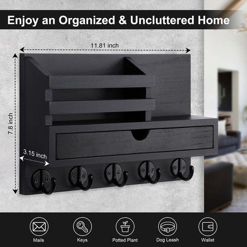 Lucundm Key Holder Wall Mount, Mail Holder with Storage Drawer and 5 Key Hooks for Coat, Dog Leash, Home Decor Rack, House Accessories, Entry Way Organizer