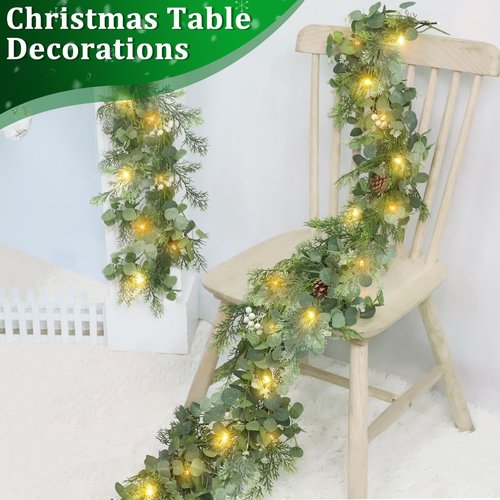 Prelit & Timer - 6 Ft Christmas Garland with Lights, Real Touch Cedar Garland Soft Bendable Thickness Eucalyptus Cypress Pine Garland with Pinecone Berry, Lighted Garlands for Mantle Table Stairs