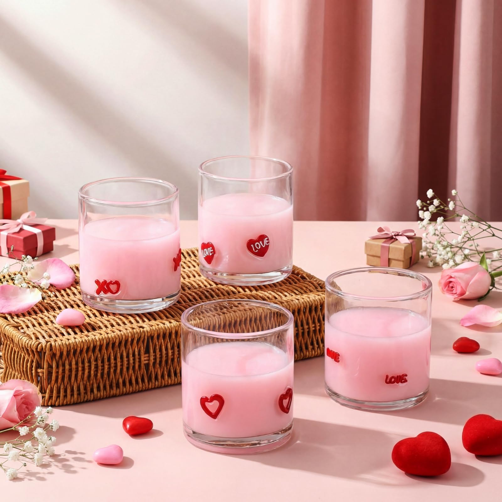 Skylety 8 Pcs Valentines Day Icons Juice Glasses Heart Love Drinking Cups Old Fashioned Stemless Wine Glasses 13.5 oz Whiskey Cocktail Coffee Mugs for Galentines Party Gift Decor