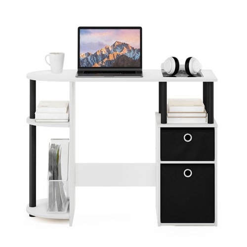 Furinno Jaya Desk, 38.4" Wide Gaming Desk with Bin Drawers, Computer Desk with Side Shelf, Office Desk for Study, Home Office, Bedroom, Dorm, Study Room, White