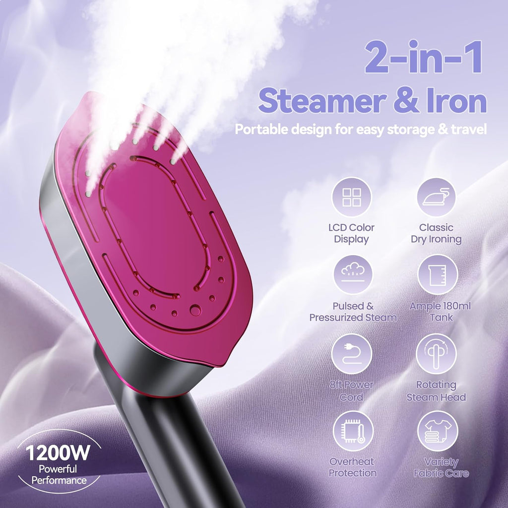 Skiennix Portable Handheld Travel Steamer - 2-in-1 Iron & Steamer with LCD Display, 1200W Fast Heat-Up, 180ml Tank for 20 Min Wrinkle Removal