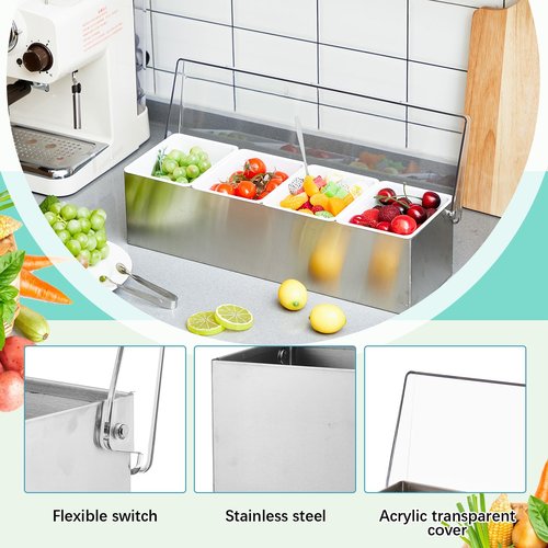Mifoci 2 Pack Stainless Steel Chilled Condiment Server 4 Removable Slot Toppings Containers with Lid and Bottom Ice Bar Garnish Tray with 9 Silverwares 8 Ice Boxes for Christmas Party, Events and Bar