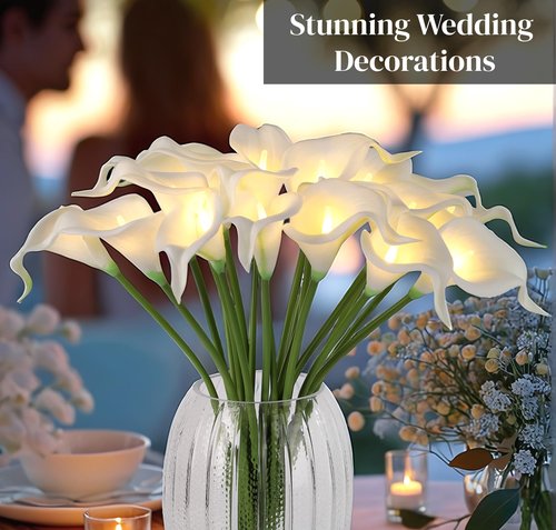 HOMESEASONS LED Lighted Artificial Flowers Calla Lily Bouquet 20 Stems Real Touch Calla Faux Flower Lights for Valentine's Day Gift and Easter Home Kitchen Wedding Dining Table Decor(White, No Vase)