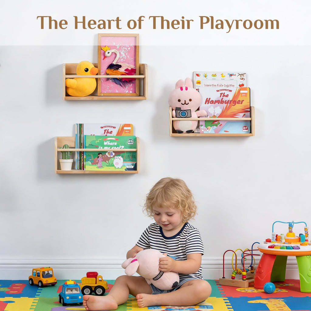 Walasis Nursery Book Shelves for Wall: Solid Pine Wood Wall Mounted Bookcase with Anti-Drop Bar for Kids' Room Easy Installation with Back Panel (Natural)