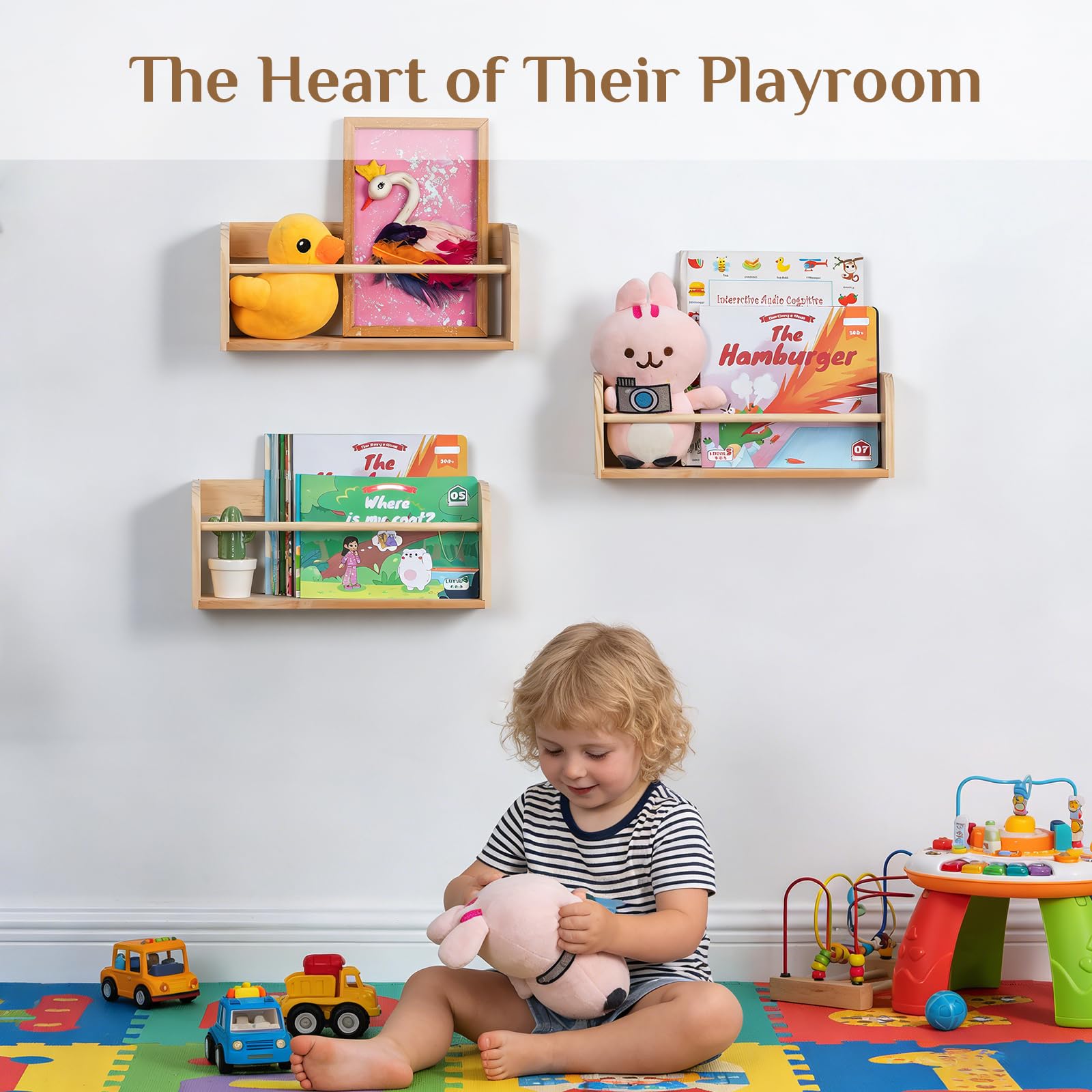 Walasis Nursery Book Shelves for Wall: Solid Pine Wood Wall Mounted Bookcase with Anti-Drop Bar for Kids' Room Easy Installation with Back Panel (Natural)
