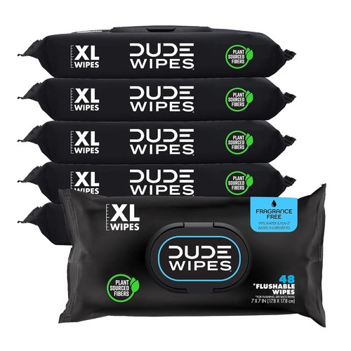 DUDE Wipes | Unscented Flushable Wipes - Extra-Large Adult Wet Wipes for Sensitive Skin - 6 Pack (288 Count) - Infused with Vitamin E and Aloe