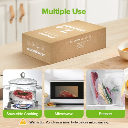 Amzpass Vacuum Sealer Bags for Food, 7 Pack - 8" x 20' (3 Rolls) + 11"x 20' (3 Rolls) + 6"x 20' (1 Roll), BPA-Free Commercial Grade Embossed Customized Size Bags for Food Storage, Meal Prep, Sous Vide