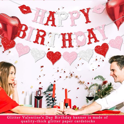 FHGG Glitter Valentines Birthday Decorations Banner Pre-Strung Red Glitter Heart Garland Happy for Galentine's Valentine' Birthday Party Decor NO DIY