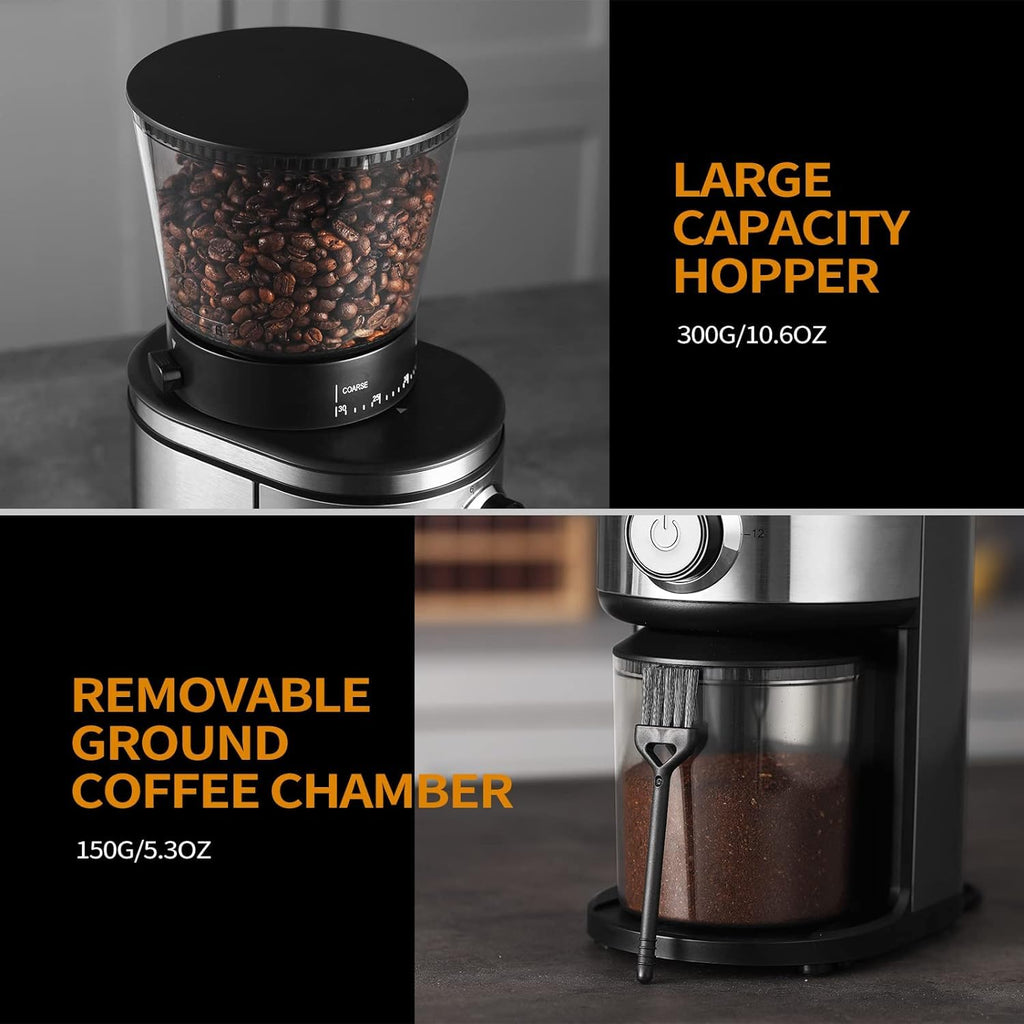Ollygrin Burr Coffee Grinder, Electric Conical Coffee Bean Grinder With 30 Adjustable Grind Settings For 2-12 Cups, Sliver & Black
