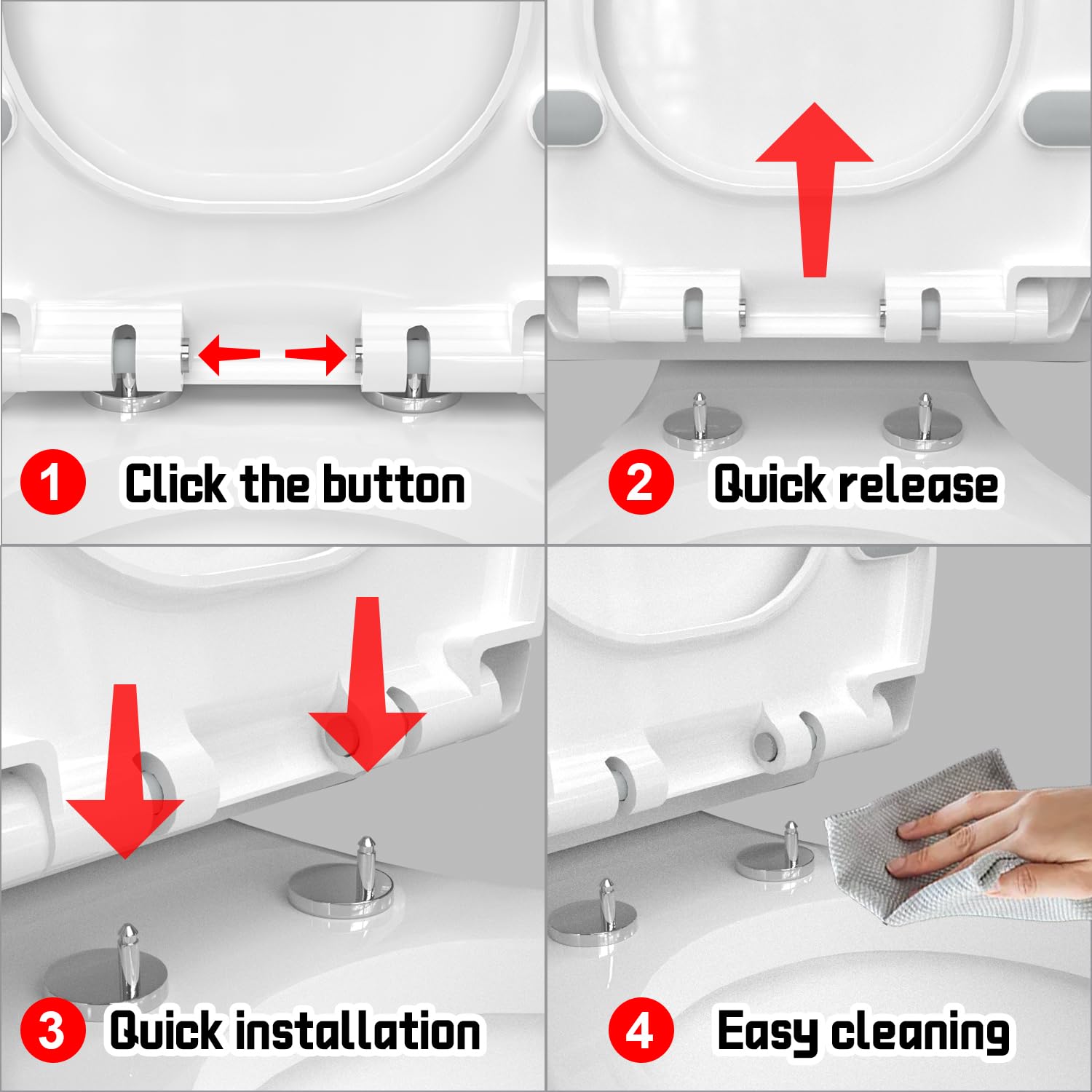 Premium Heavy-Duty Elongated (Oval) Toilet Seat (Oblong 18.5″), Soft Close & Silent, Metal Hinges, Quick-Attach Installation, Durable, Easy-Clean, White
